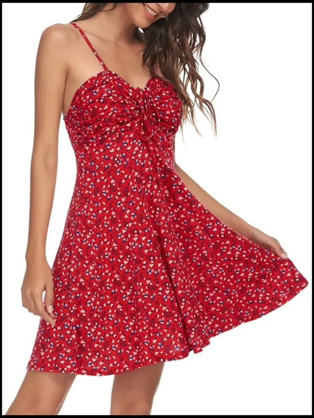 Spaghetti Strap Floral Mini Dress Ruched Front Drawstring Swing Sundress